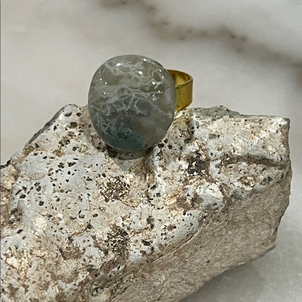 Crystal Moss Agate Ring Adjustable Gold Tone Cottagecore Spiritual Ring